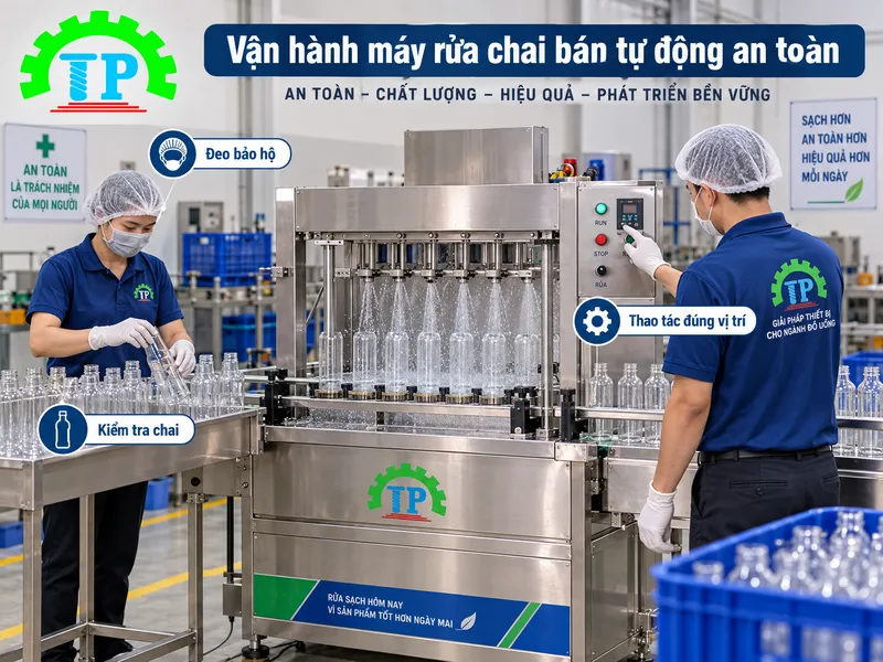 Hình ảnh Quy Trình Vận Hành Máy Rửa Chai Bán Tự Động: Thao Tác Gá Chai Và Kiểm Soát Đồng Hồ Áp Suất