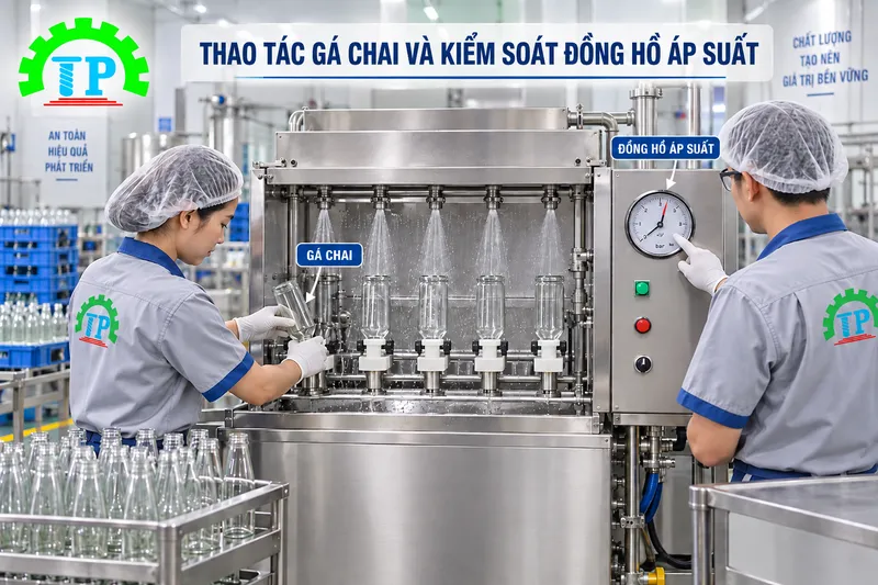 Kỹ thuật viên căn chỉnh van áp lực và kiểm tra béc phun máy rửa chai bán tự động.