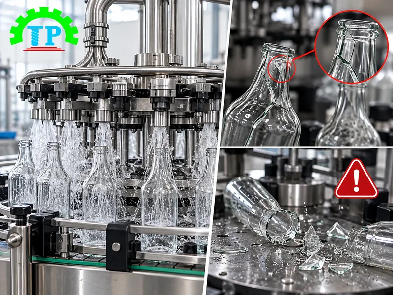 Hiện tượng lỗi vỡ chai thủy tinh khi sục rửa làm rách băng tải và dừng chuyền sản xuất