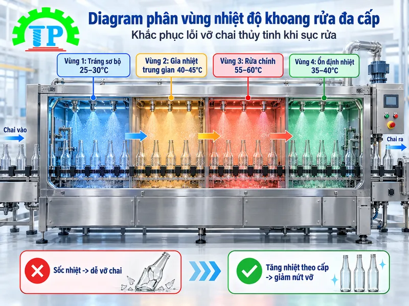 Diagram phân vùng nhiệt độ khoang rửa đa cấp khắc phục lỗi vỡ chai thủy tinh khi sục rửa