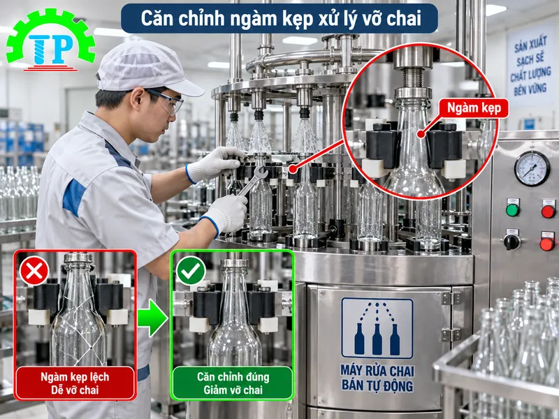 Kỹ thuật viên căn chỉnh lực kẹp ngàm xoay và lắp đệm Polyurethane giảm chấn.  