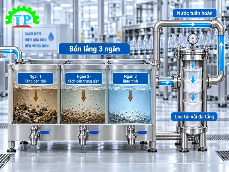 Bản vẽ mặt cắt bồn lắng 3 ngăn tích hợp lọc túi vải đa tầng lọc nước tuần hoàn máy rửa chai