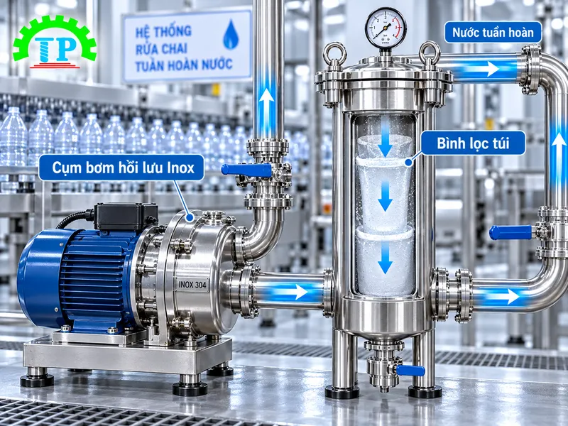 Cụm bơm hồi lưu Inox 304 và bình lọc túi lọc nước tuần hoàn máy rửa chai tại xưởng.