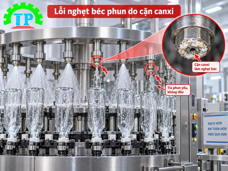 Hình ảnh Xử Lý Lỗi Nghẹt Béc Phun Máy Rửa Chai: Quy Trình Xử Lý Cặn Nước Cứng Và Bảo Dưỡng Lọc Y