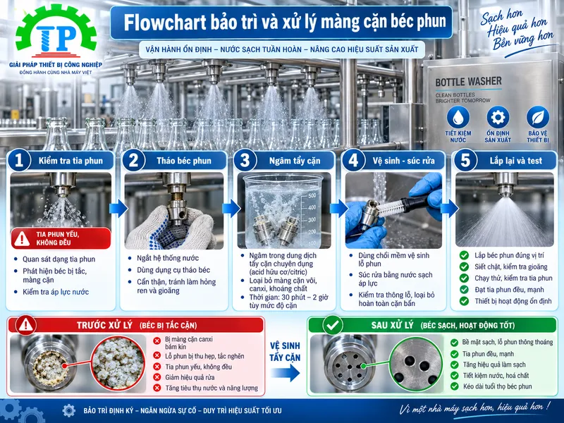Sơ đồ quy tr&igrave;nh s&uacute;c rửa axit v&agrave; kỹ thuật bảo dưỡng lọc Y lỗi nghẹt b&eacute;c phun m&aacute;y rửa chai.