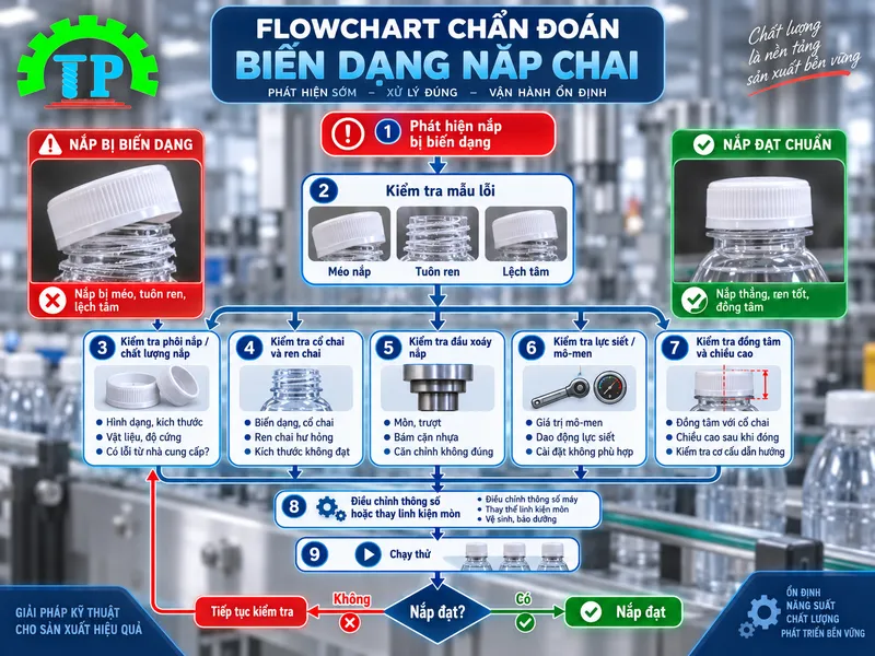 Flowchart chẩn đo&aacute;n biến dạng nắp chai m&aacute;y xo&aacute;y nắp chai bị tu&ocirc;n ren