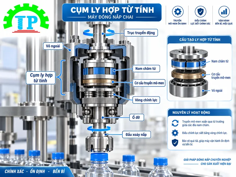 Diagram mặt cắt cụm ly hợp từ tính máy đóng nắp chai