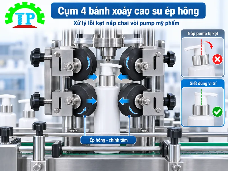 Diagram cụm 4 bánh xoáy cao su ép hông xử lý lỗi kẹt nắp chai vòi pump mỹ phẩm