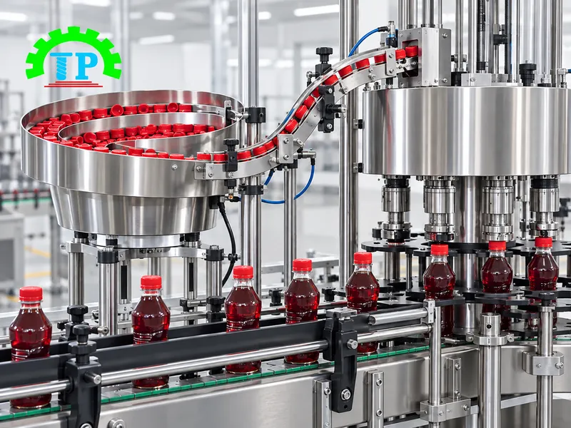 Kỹ thuật viên căn chỉnh khe hở coil điện từ máy cấp nắp chai tự động