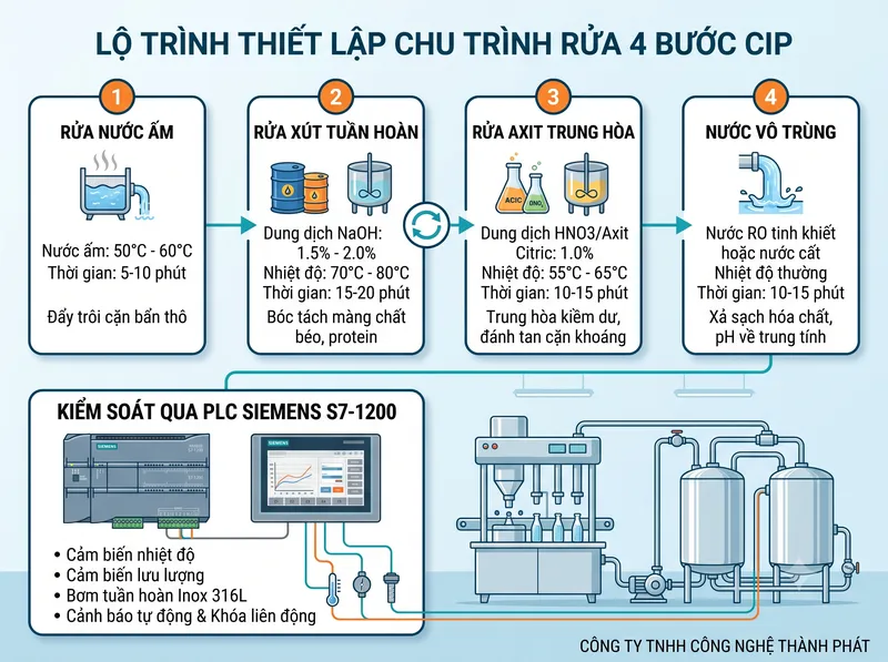 Lộ trình thiết lập vệ sinh CIP trên máy chiết rót tự động màn hình PLC Siemens
