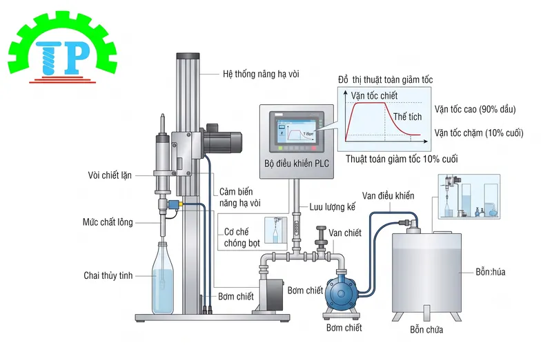Giải pháp thiết kế vòi chiết lặn khắc phục lỗi máy chiết rót bị tạo bọt.