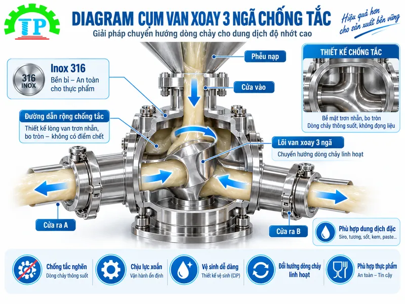 Diagram cụm van xoay 3 ngã chống tắc khắc phục lỗi kẹt vòi chiết rót dung dịch đặc