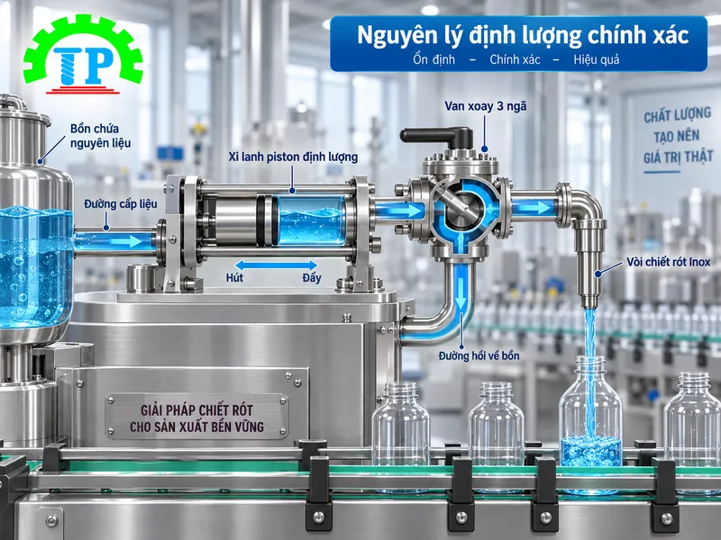 M&aacute;y chiết r&oacute;t định lượng piston cơ kh&iacute; điều khiển v&ograve;i xả tr&ecirc;n băng tải