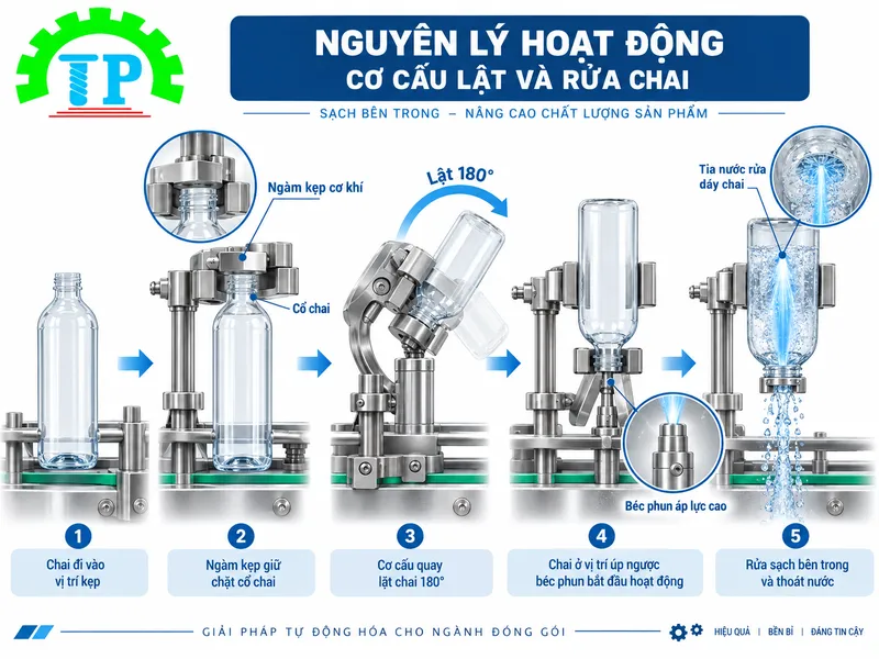 Máy rửa chai sử dụng ngàm kẹp cơ khí đảo ngược chai xịt nước áp lực