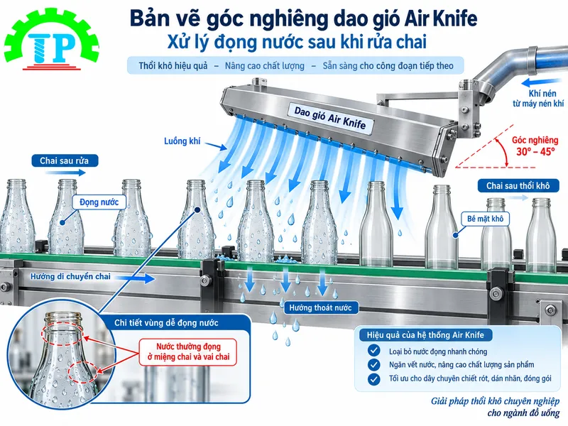 Bản vẽ g&oacute;c nghi&ecirc;ng dao gi&oacute; Air Knife xử l&yacute; đọng nước sau khi rửa chai