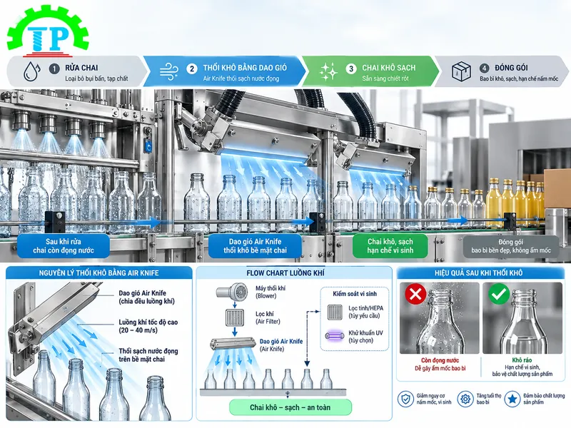 Flowchart luồng kh&iacute; thổi kh&ocirc; v&agrave; kiểm so&aacute;t vi sinh đọng nước sau khi rửa chai