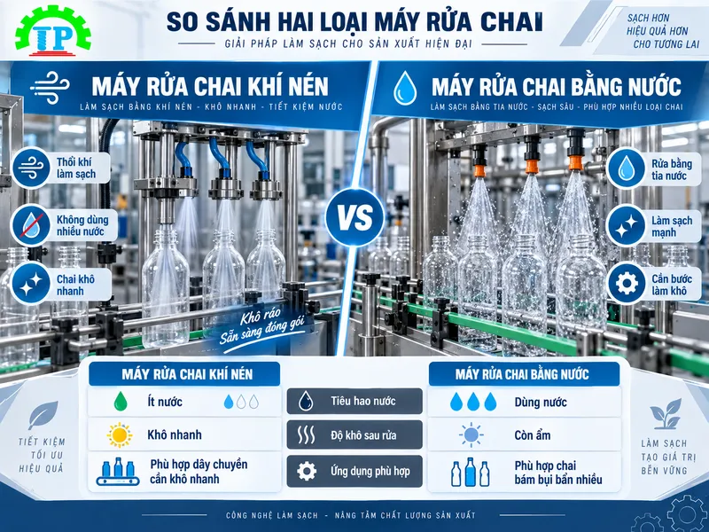 Tổng quan so sánh máy rửa chai khí nén và máy rửa nước về nguyên lý vận hành.