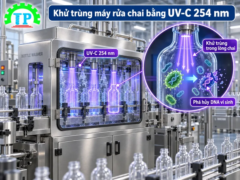 Diagram cấu tạo buồng chiếu xạ tia UV-C đa điểm phản xạ gương khử trùng cho máy rửa chai.
