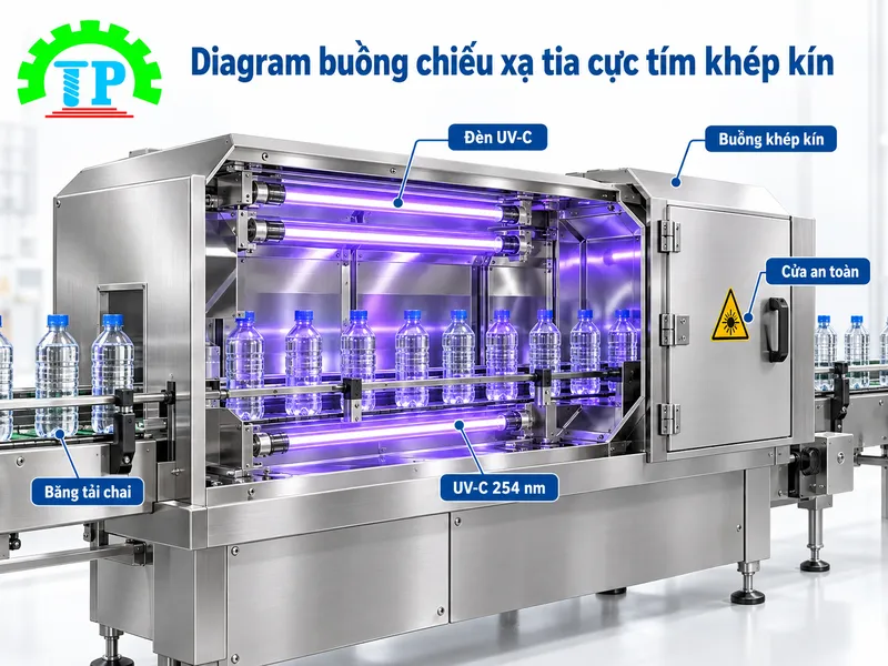 Diagram cấu tạo buồng chiếu xạ tia UV-C đa điểm phản xạ gương khử trùng cho máy rửa chai.